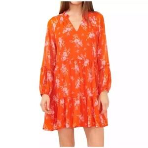 Vince Camuto Orange A Line Tiered Flowy Lined Small LS Dress Floral Short